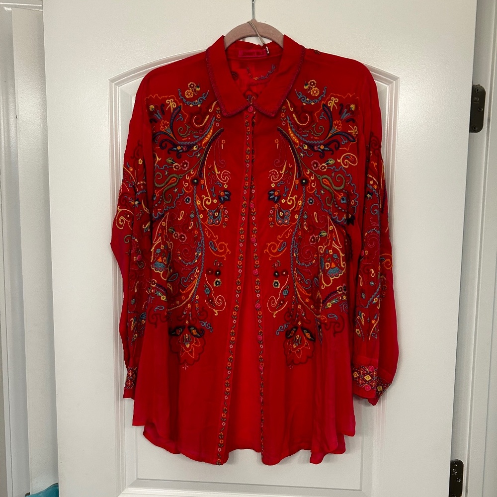 Beautiful Johnny Was Long Sleeve Floral Embroidery Button Front Tunic SIZE L NWT